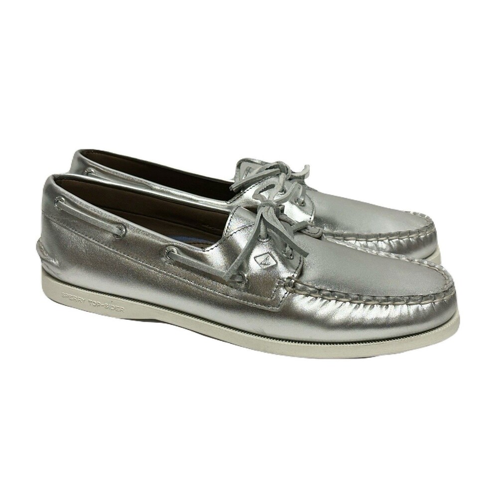 NEW Sperry Womens Size 10.5 Silver Leather Authentic Original Two-Eye Boat Shoe - Picture 2 of 9